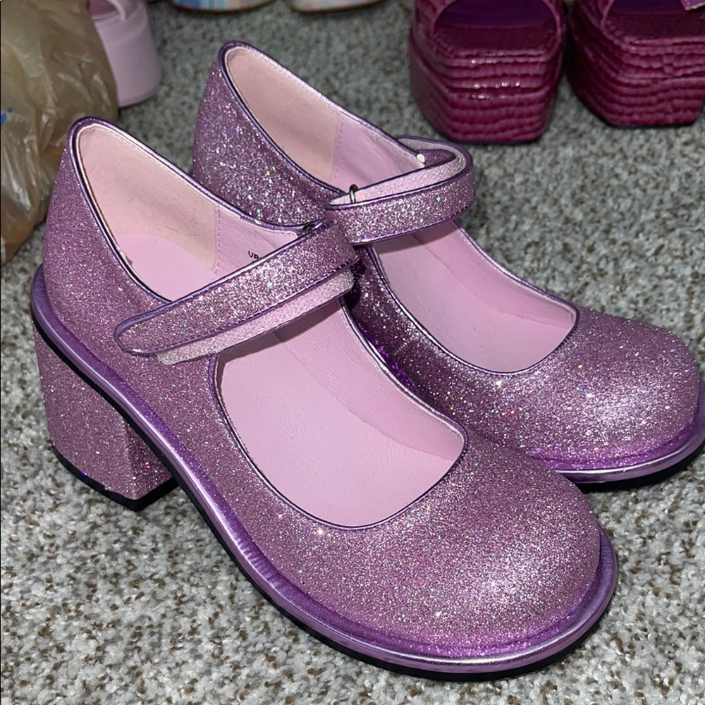 NWOT Purple Glitter Mary Jane Heels